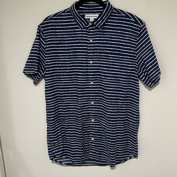 Country Road Mens Navy White Striped Short Sleeve Button Down‎ Shirt Size Medium - Picture 1 of 9